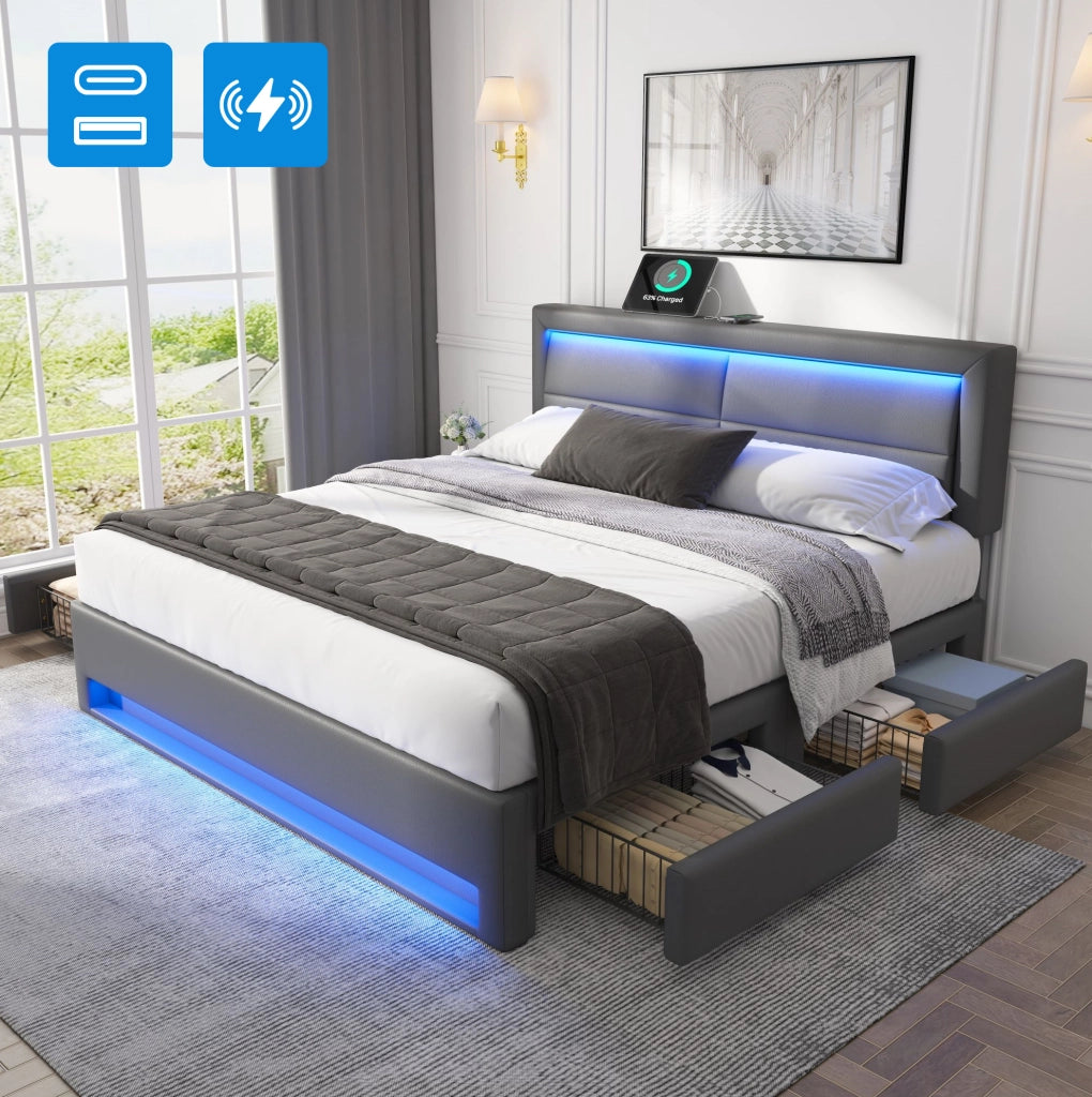 Letto imbottito matrimoniale 140x190 cm con USB; LED e 4 cassetti; grigio; in PU