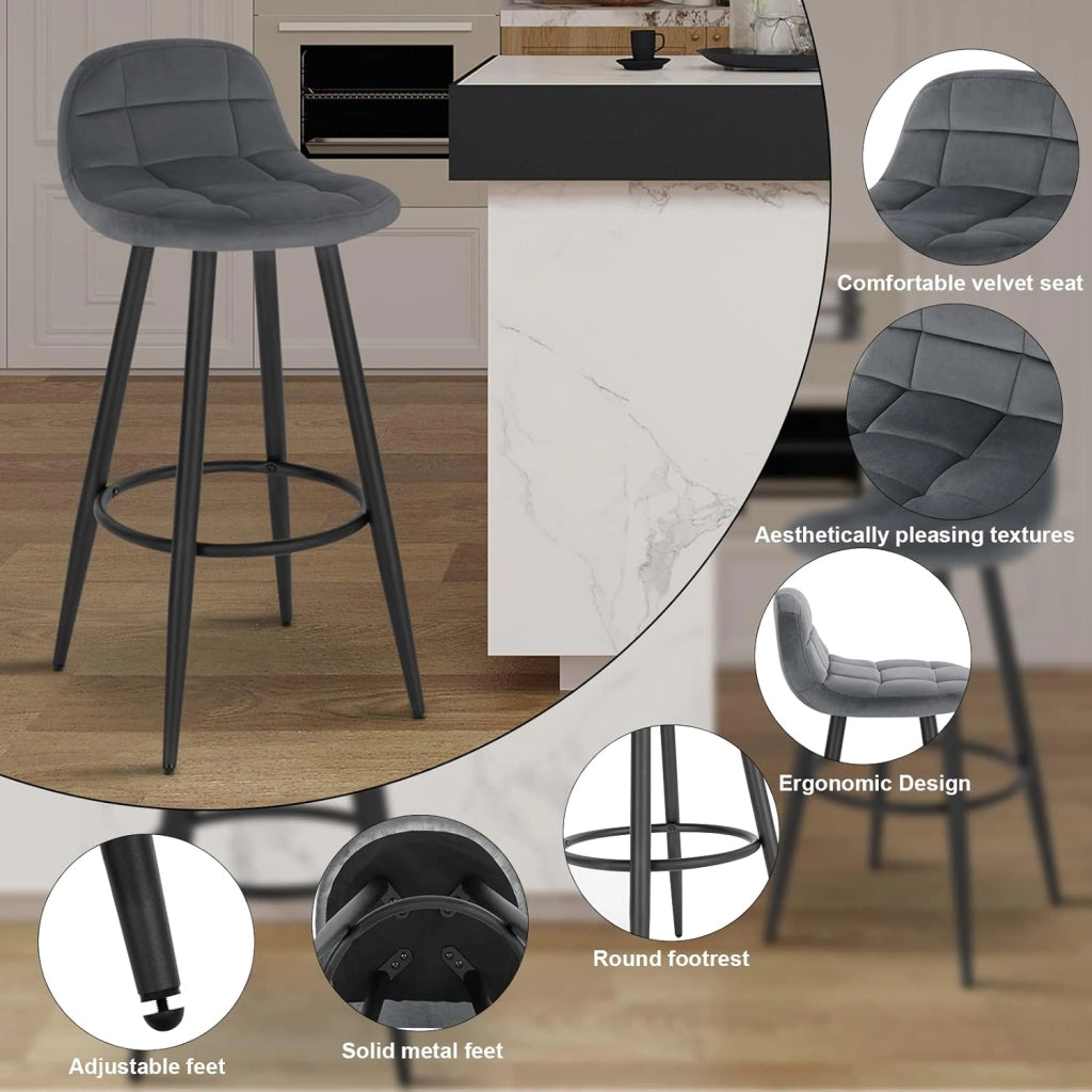 WOLTU Sgabello da Bar Moderno, Sedia Alta da Cucina con Schienale e Poggiapiedi, Seduta Imbottita, Sgabello in Velluto e Metallo, Altezza Seduta 70cm, Grigio Scuro BH364dgr-1