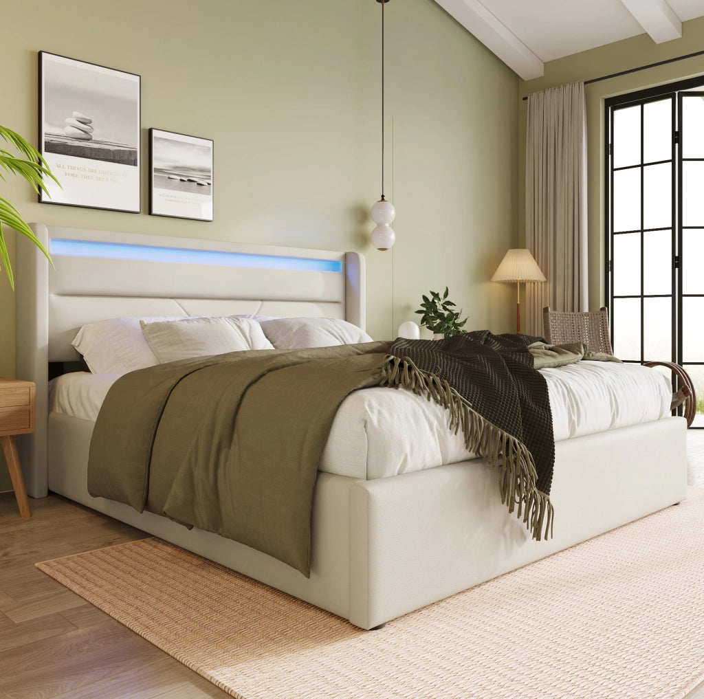Letto matrimoniale contenitore 160x200 cm con testiera LED, PU bianco, rete sollevabile