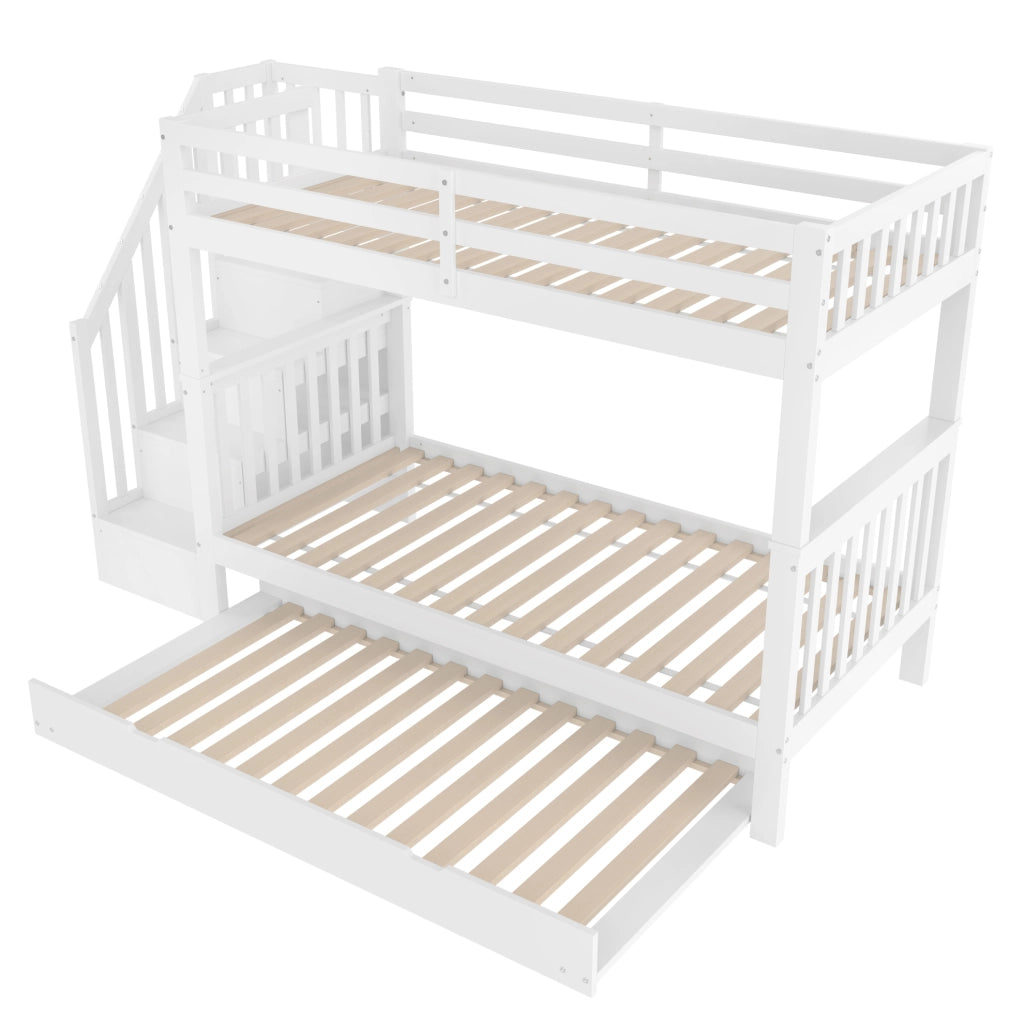 Letto a castello 90x200 cm con letto estraibile e scala con ripiani in pino bianco