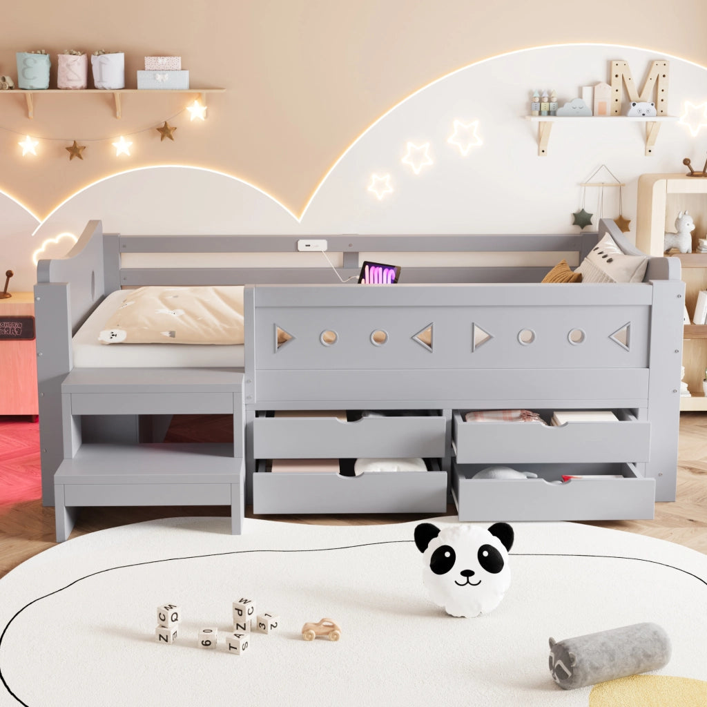 Letto singolo bambino 90×200 cm con 4 cassetti; LED; USB e Type-C; sicurezza laterale; senza materasso; legno; grigio