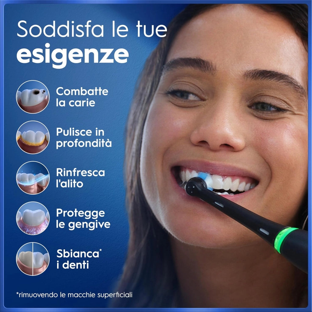 Oral-B iO 5 Spazzolino Elettrico, con 1 Testina di Ricambio, Astuccio, Nero - 1 Testine di Ricambio per Spazzolino Elettrico, Ricaricabile, Custodia da Viaggio, Sensore di Pressione, Pulizia Denti