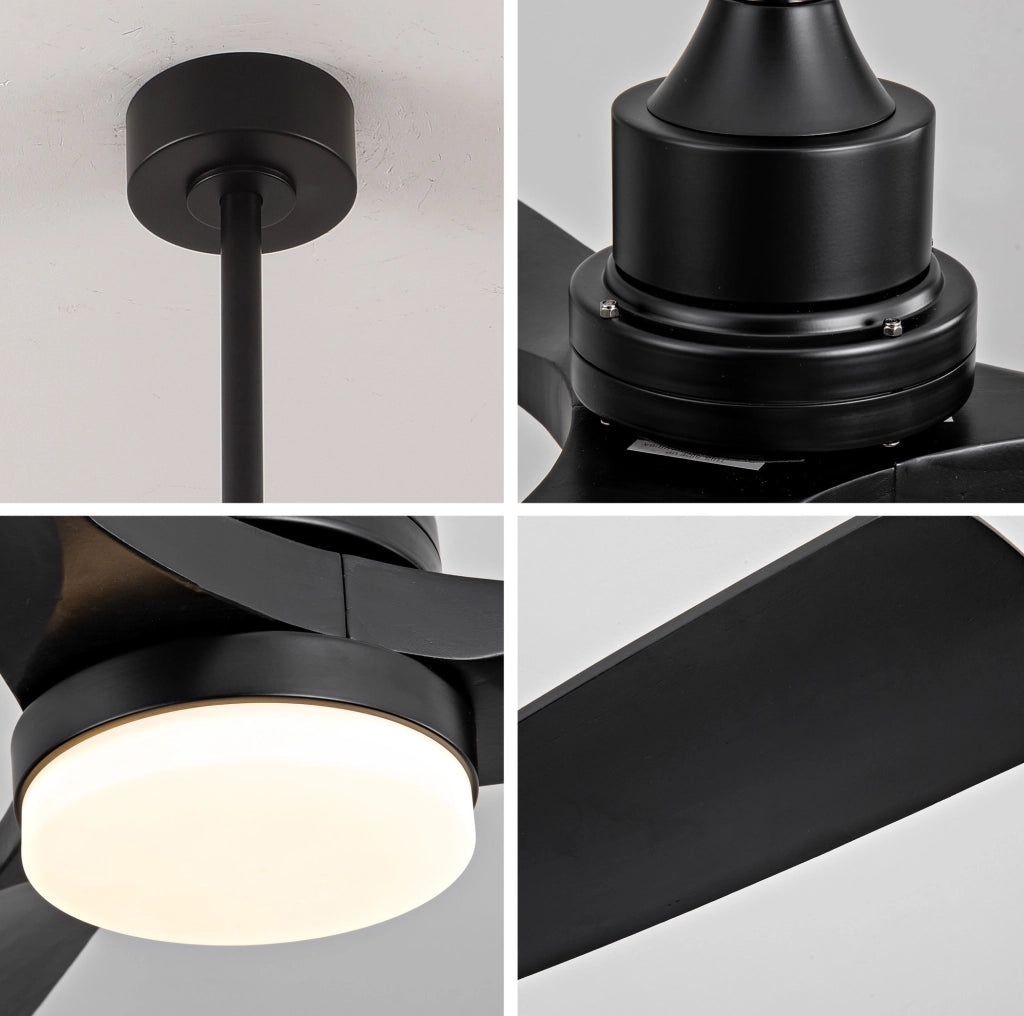 Ventilatore da soffitto 52" in legno massello, 3 pale, luce LED e telecomando, nero