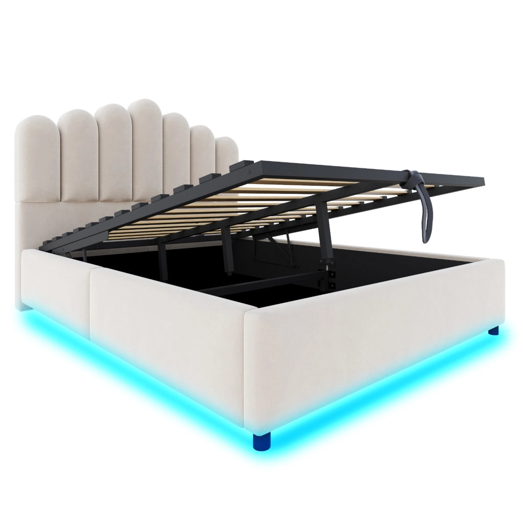 Letto imbottito 140x200 cm con contenitore idraulico; LED e testiera unica in velluto beige