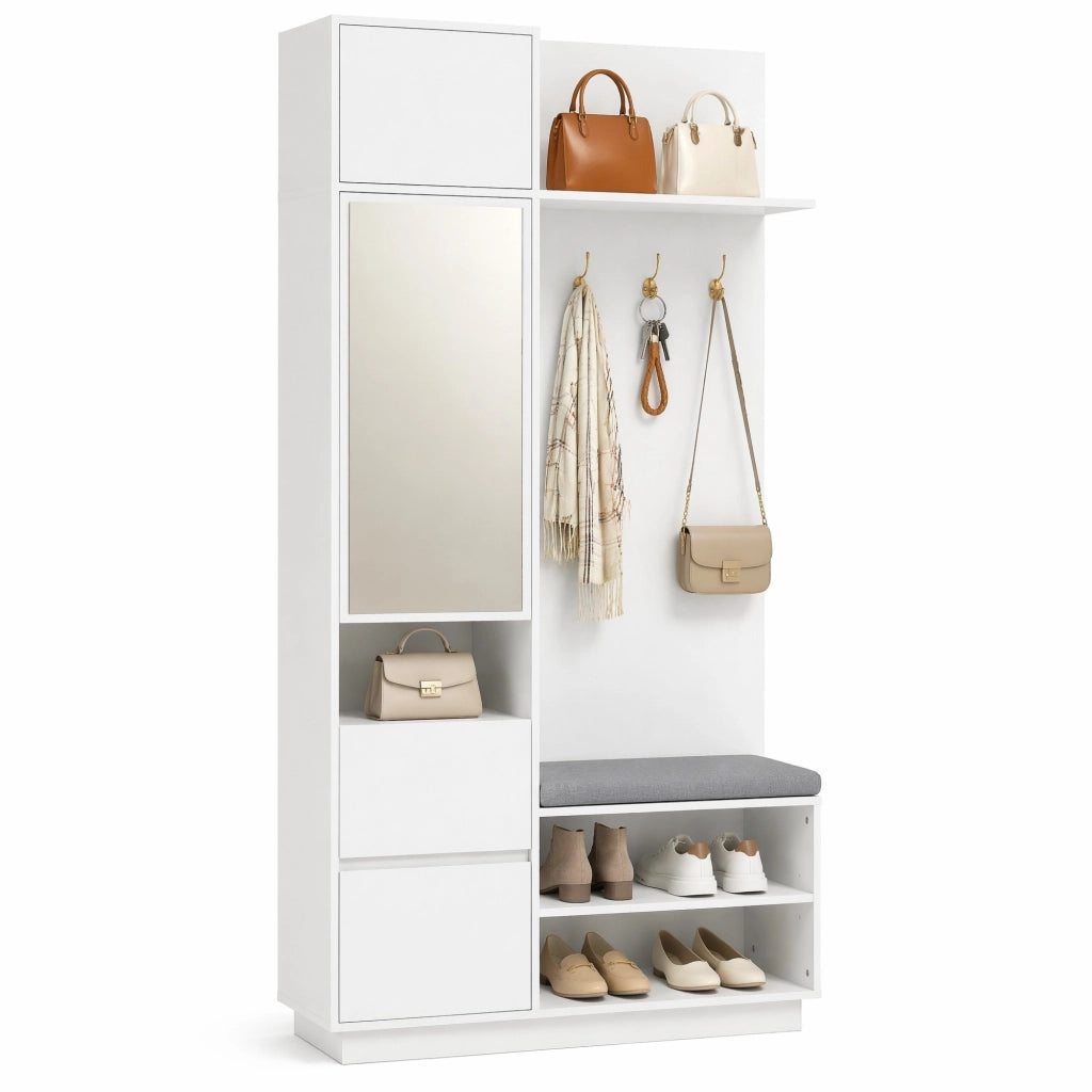 Mobile ingresso 5 in 1 con specchio; panca e scarpiera 90x34;5x190 cm; bianco in MDF