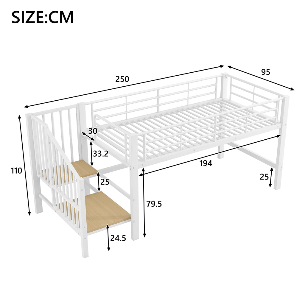 Letto a soppalco basso 90x200 cm con scala contenitore bianco
