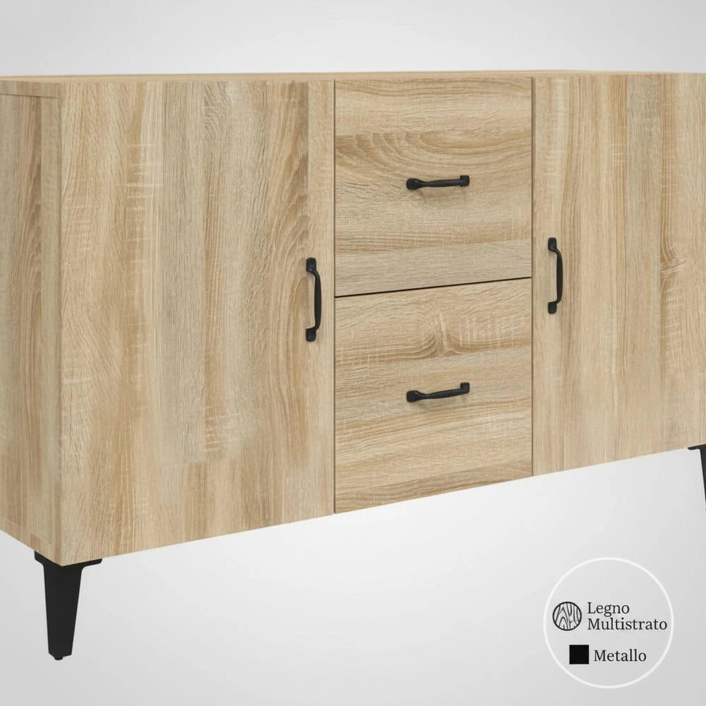 Oak Storage Cabinet 100x36x60cm Composite Wood Sideboard With 2 Doors 2 Drawers Stable Structure Space Saving For Kitchen Living Room Bedroom