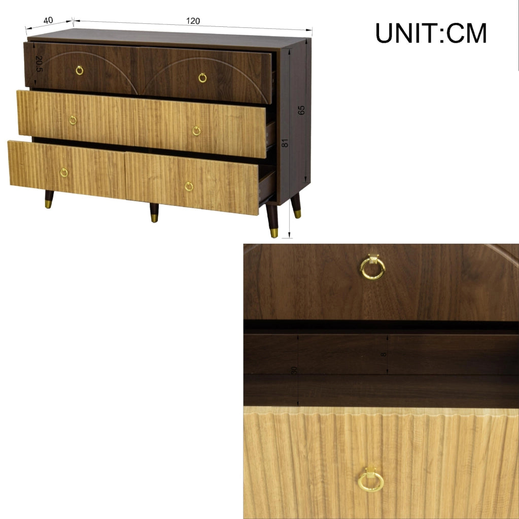 Sideboard vintage a 6 cassetti 120x40x81 cm in MDF e pannello truciolare; naturale
