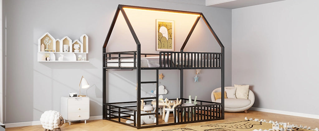 DESMIU Lit a castello bambini 140 × 200 cm con LED, sponda di sicurezza, senza materasso, in metallo, nero