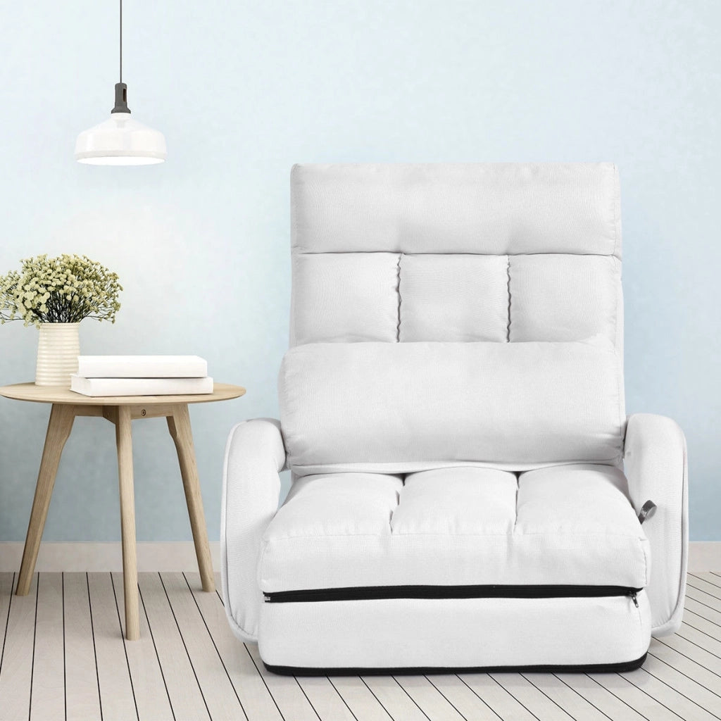 Divano letto in tessuto regolabile in 5 livelli con braccioli e cuscino pieghevole da terra, 173x67x12cm Bianco