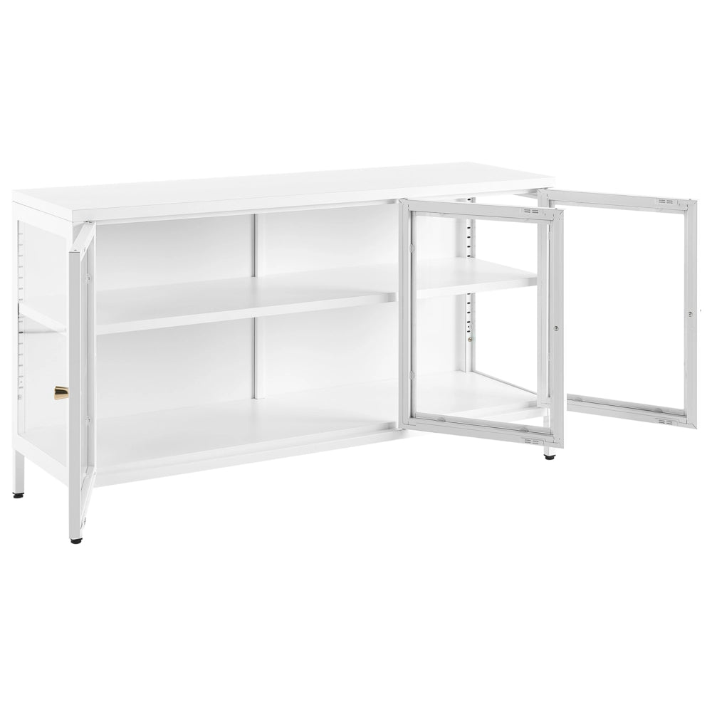 Credenza in metallo bianco 3 ante ripiani in vetro temperato gambe soggiorno moderno