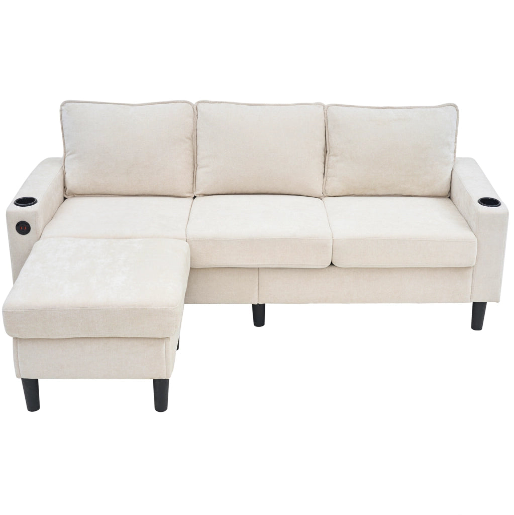 Divano angolare ULEVR 202x137x80 cm beige con pouf, USB, Type-C e porta bevande