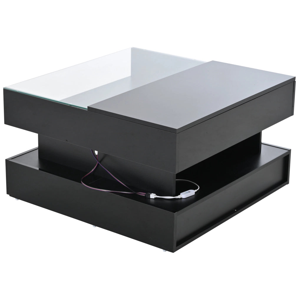 Tavolino da salotto nero 80x80 cm con piano elevabile, LED e 2 cassetti