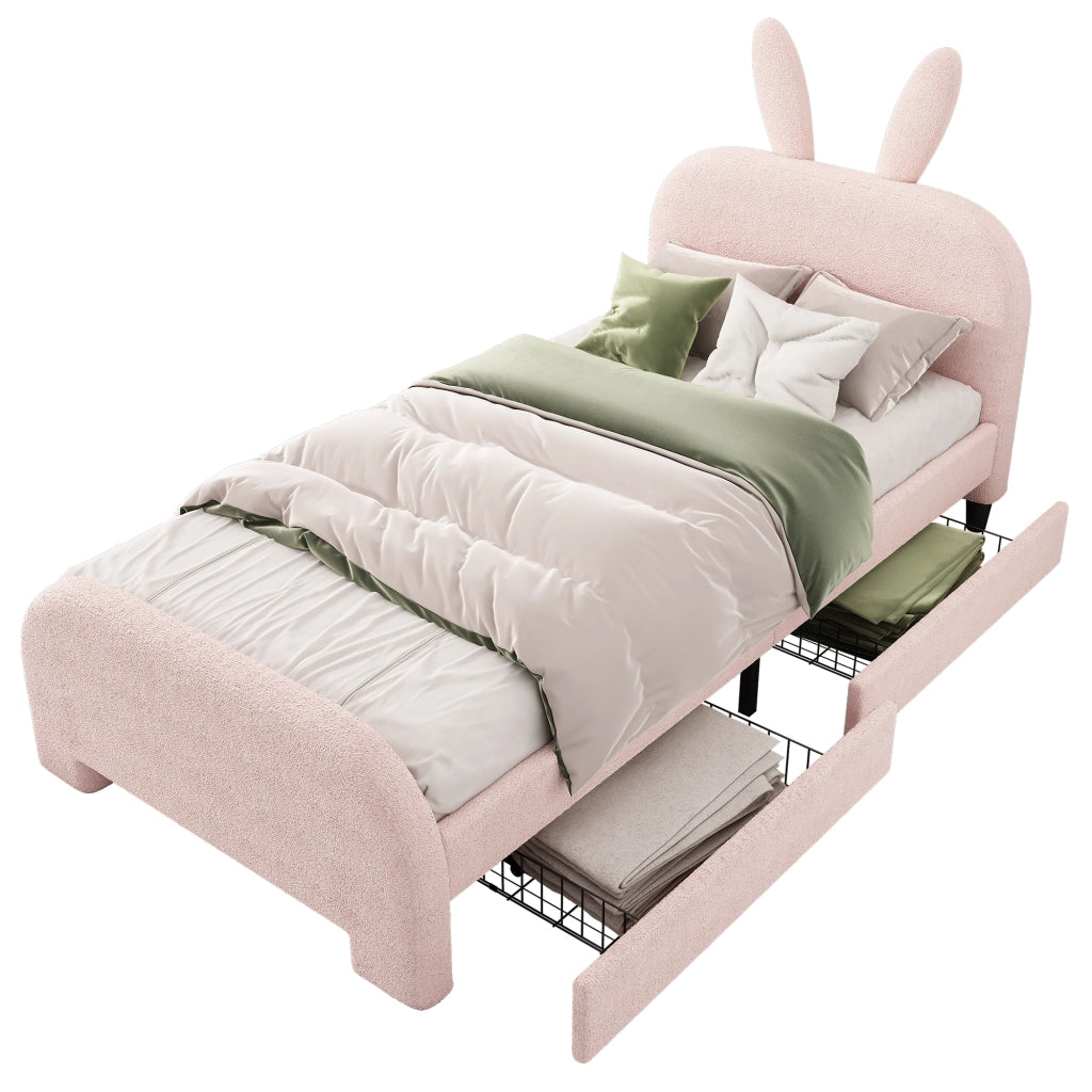 OKWISH Letto Bambini 90×200 cm, Letto Singolo con 2 Cassetti, Testiera a Coniglio e Contenitore, senza Materasso, Rosa