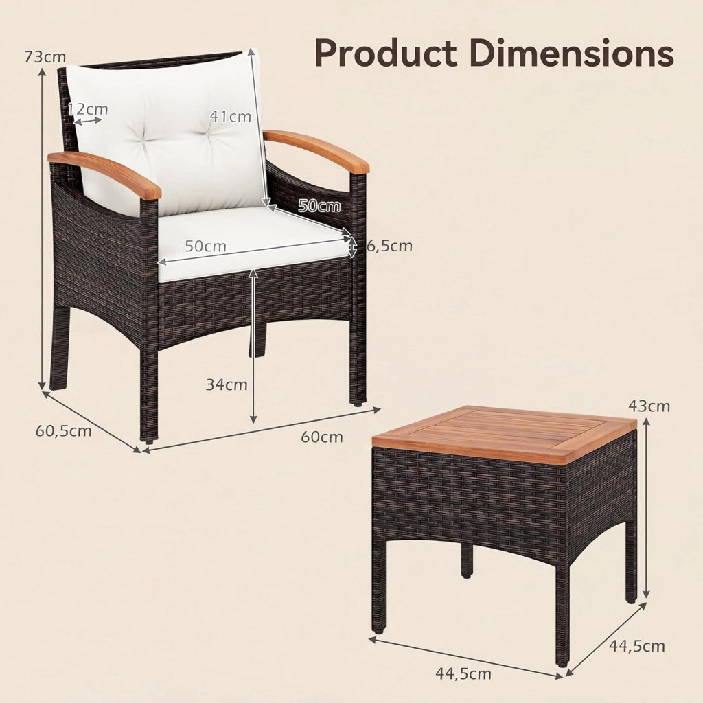 Set di Mobili a 3 Pezzi, Set da Bistrot in Rattan per Esterni con Tavolino, Cuscini Morbidi, Set da Conversazione in Legno d'Acacia per Patio, Cortile, Bordo Piscina (Bianco)
