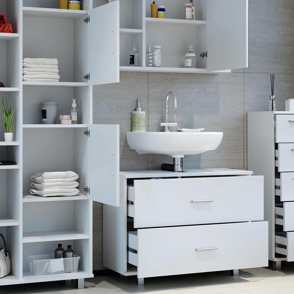 Set mobili bagno Ilias, Bianco, 80.2 cm, composto da mobile lavabo, pensile a specchio, colonna e base media