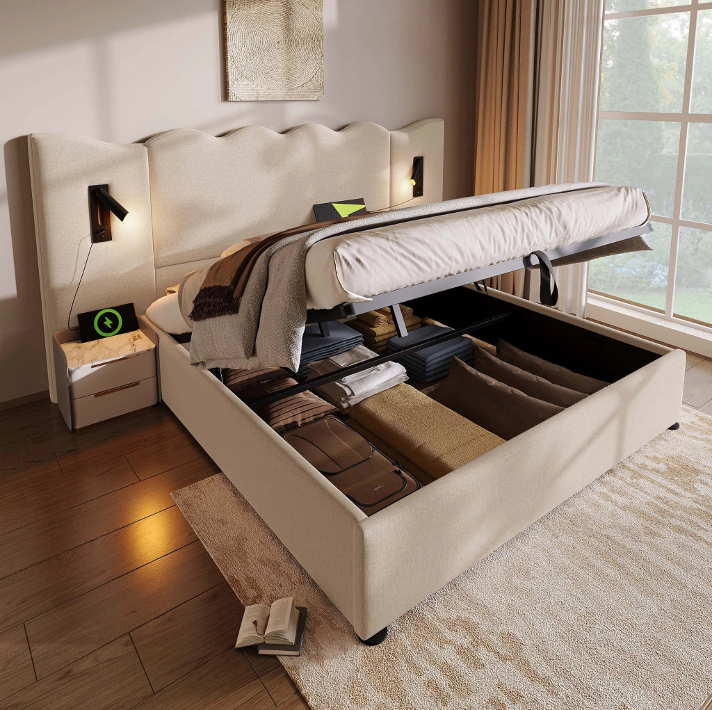 Letto matrimoniale contenitore 180x200 cm con lampada orientabile USB e USB-C; lino beige
