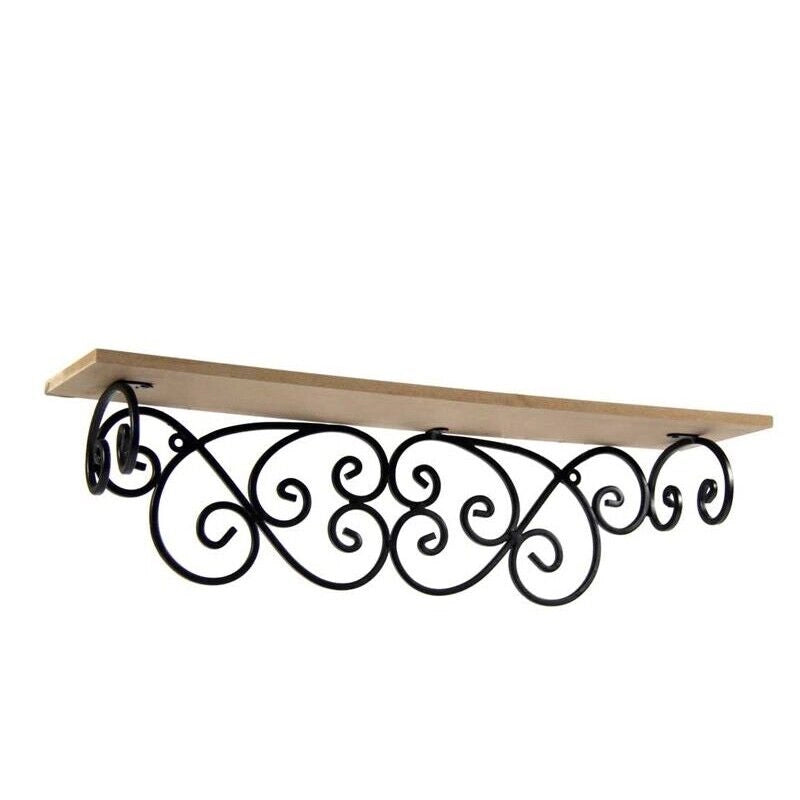 MENSOLA IN LEGNO CON BASE IN METALLO DECORATA A INTRECCIO NERA 51X13X14CM