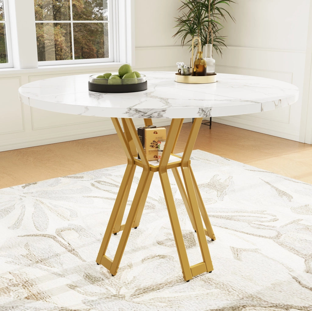 Tavolo da pranzo 100x100x76 cm con piano in MDF effetto marmo e gambe in metallo oro