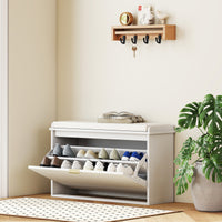 Panca Scarpiera con Ripiano Interno 80x26x47,5 cm in Legno e Tessuto Effetto Lino Bianca e Beige