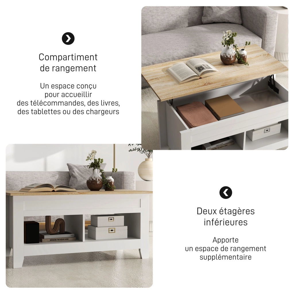 Tavolino da salotto con piano sollevabile e ripiano nascosto ¨C Zephmum ¨C Bianco 105x50x49-62.5 cm