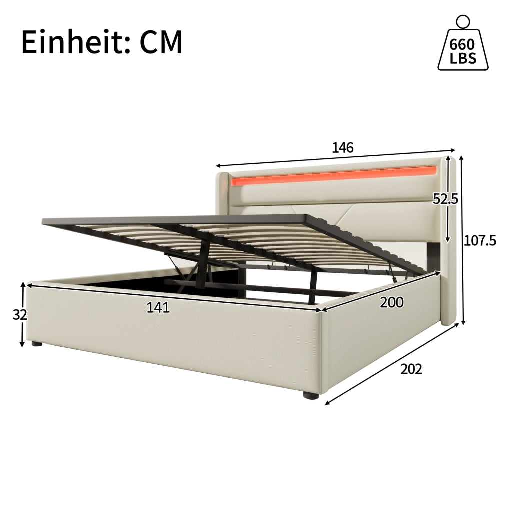 Letto matrimoniale imbottito 140x200 cm con contenitore; LED e rete sollevabile; bianco in PU