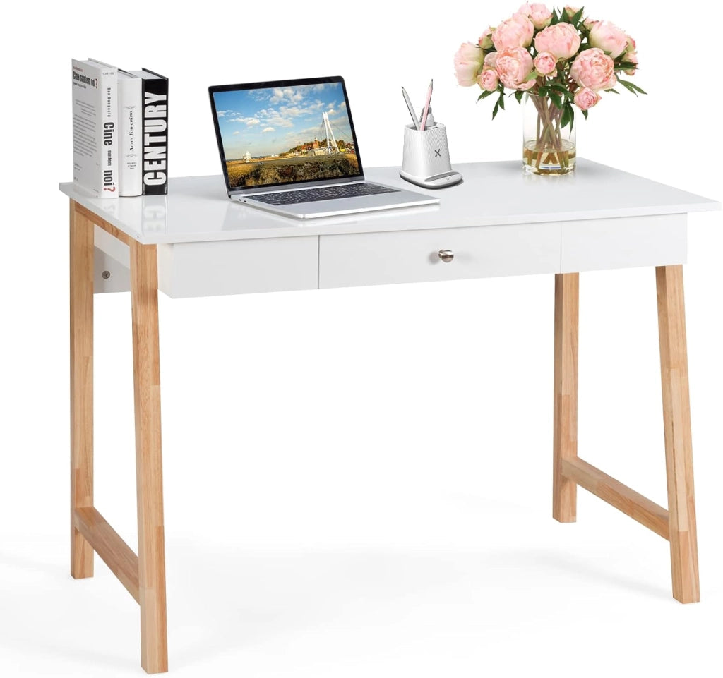 Scrivania da Ufficio con 1 Cassetto, Ampio Piano d'appoggio, Gambe Robuste con 2 Barre Trasversali, Ideale per Studio e l'Ufficio, Peso Massimo 54,4 kg, 106,5 x 50 x 75,5 cm