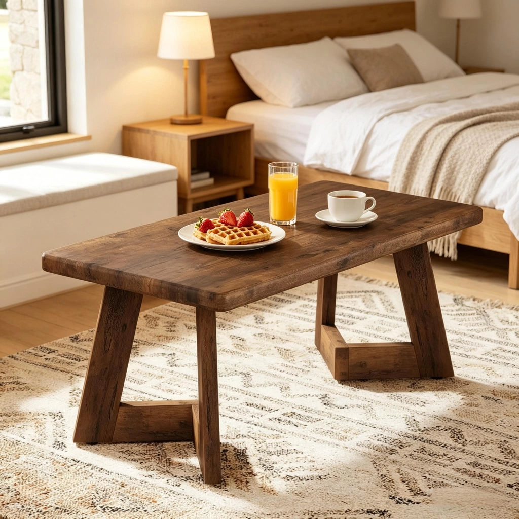 Tavolino basso rettangolare in legno stile country con piano da 4 cm per soggiorno 120 × 60 × 51 cm