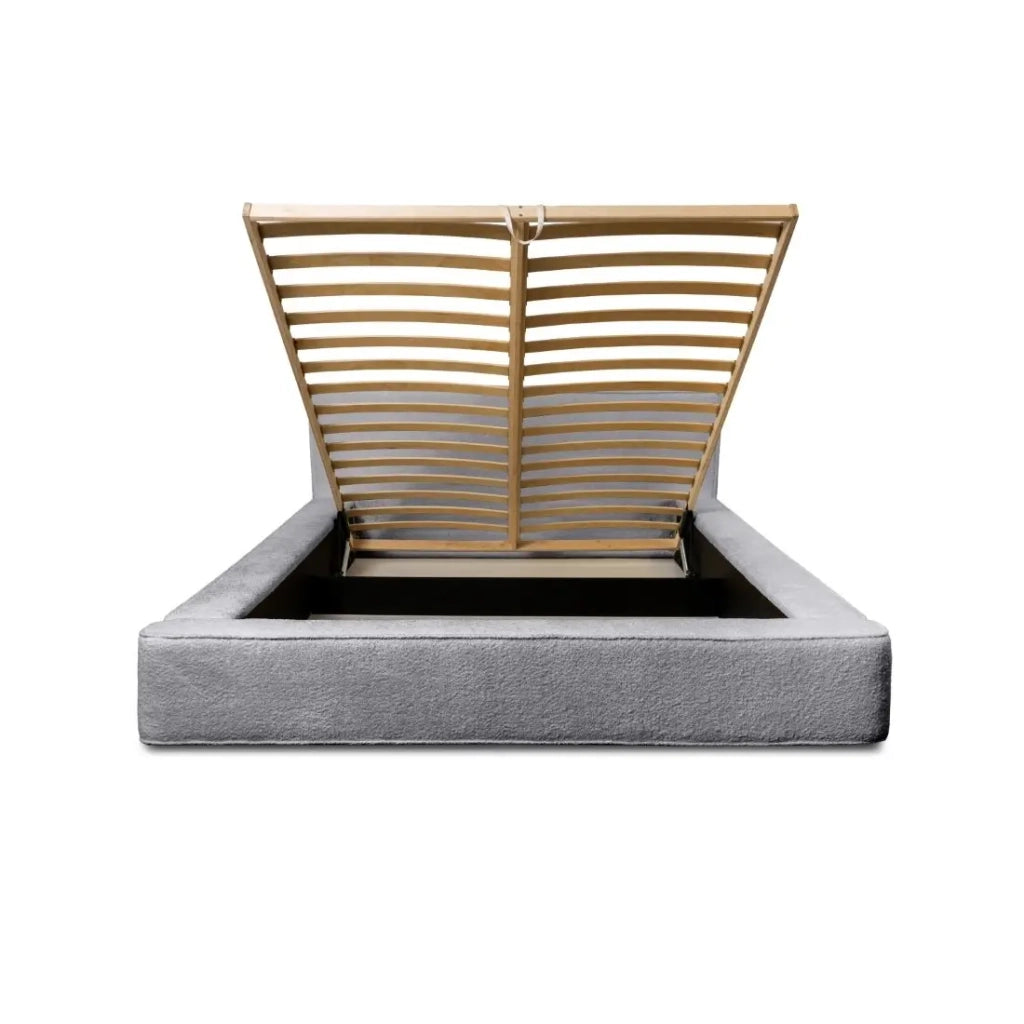 Letto contenitore VELORA – Grigio perla bouclé – 180x200 cm – Tessuto velluto morbido – Rete sollevabile – Spazio di stoccaggio integrato