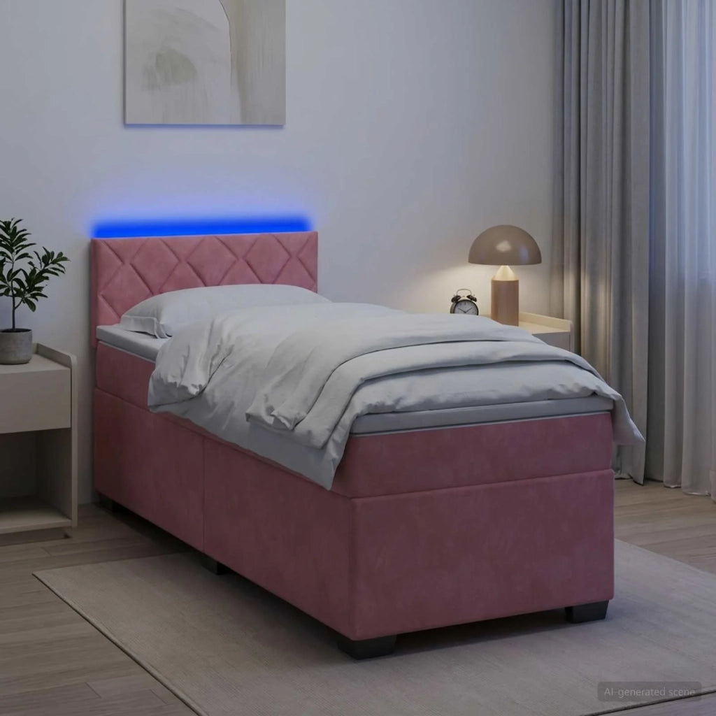Letto con Box Spring, Materasso e LED Rosa 100 x 200 cm Velluto 3452131