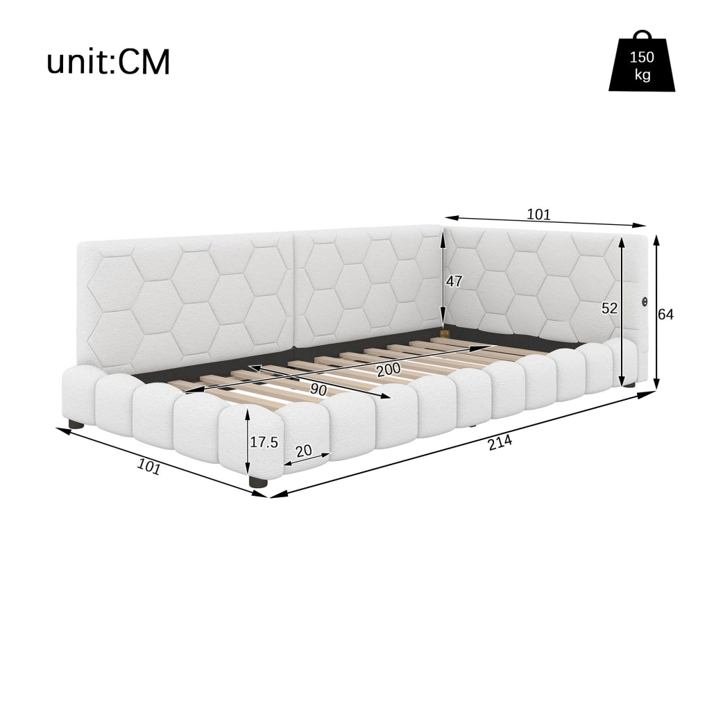 Divano letto Daybed 90x200 cm bianco con LED, USB e Type-C