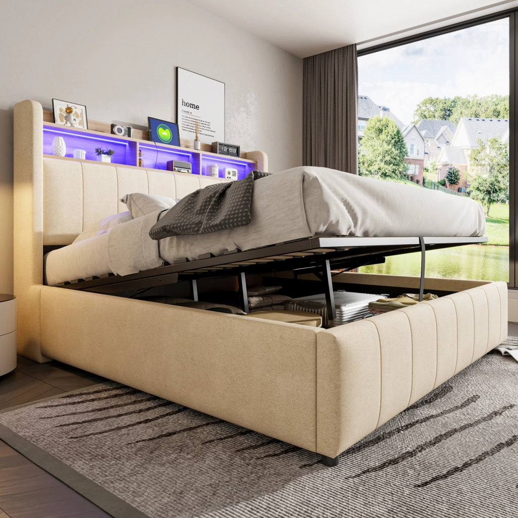Letti contenitori 160x200 cm con LED e vano contenitore; tessuto in lino; beige