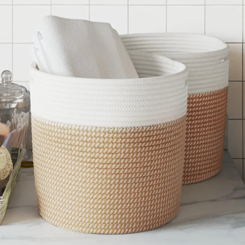 Cestini Portaoggetti 2 pz Marrone e Bianco ?28x28 cm in Cotone CFW3545771
