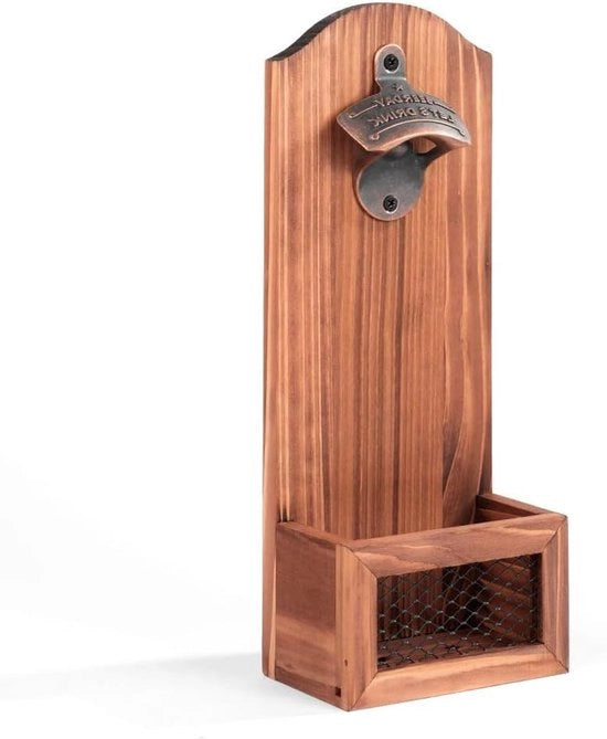 Flesapertura con Raccoglitore di Capo Catturatore - Vintage flesapertura in legno da parete per appassionati di birra