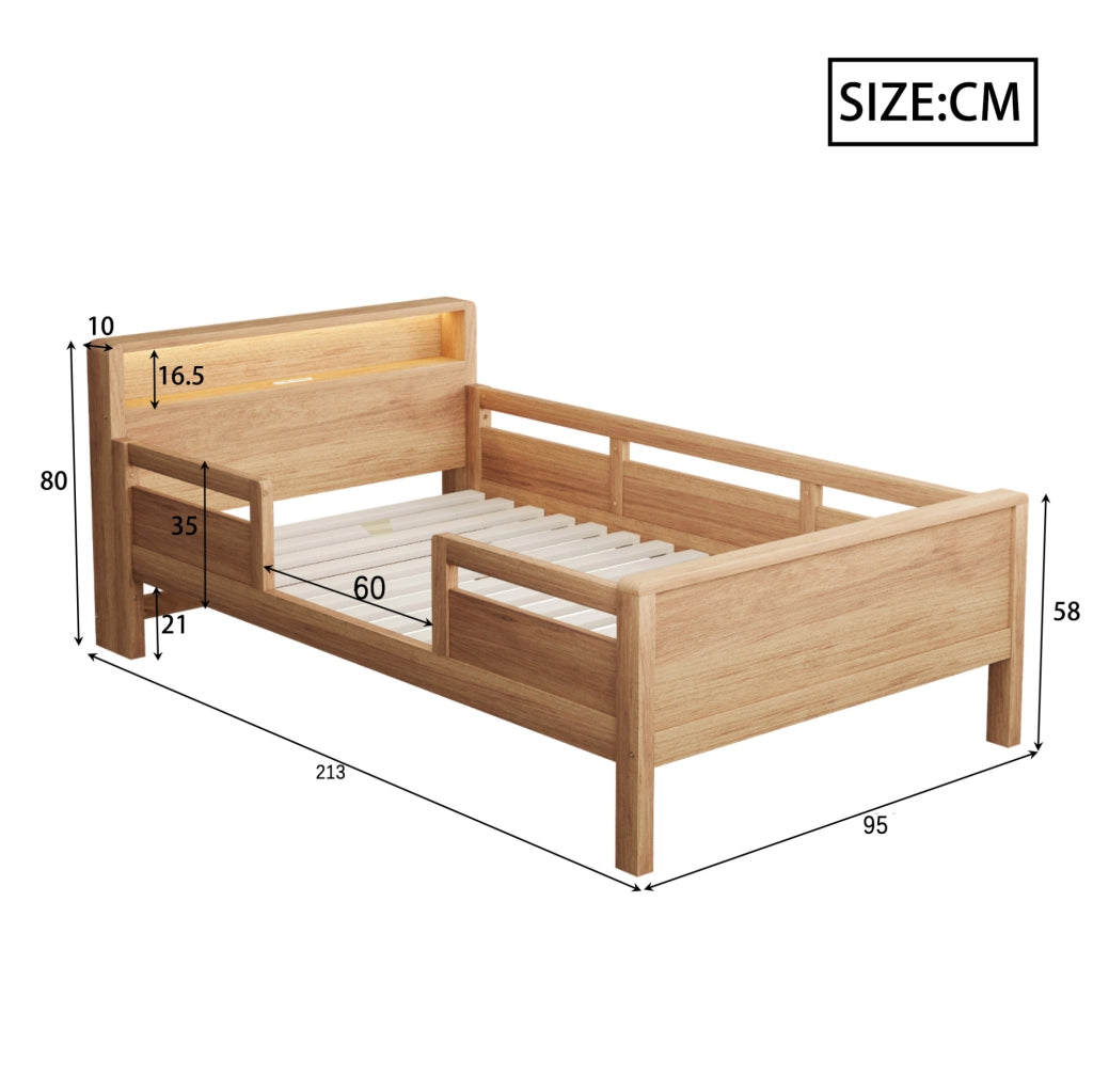Letto singolo per bambini 90x200 cm in legno naturale con LED; USB; Type-C e testiera con vano