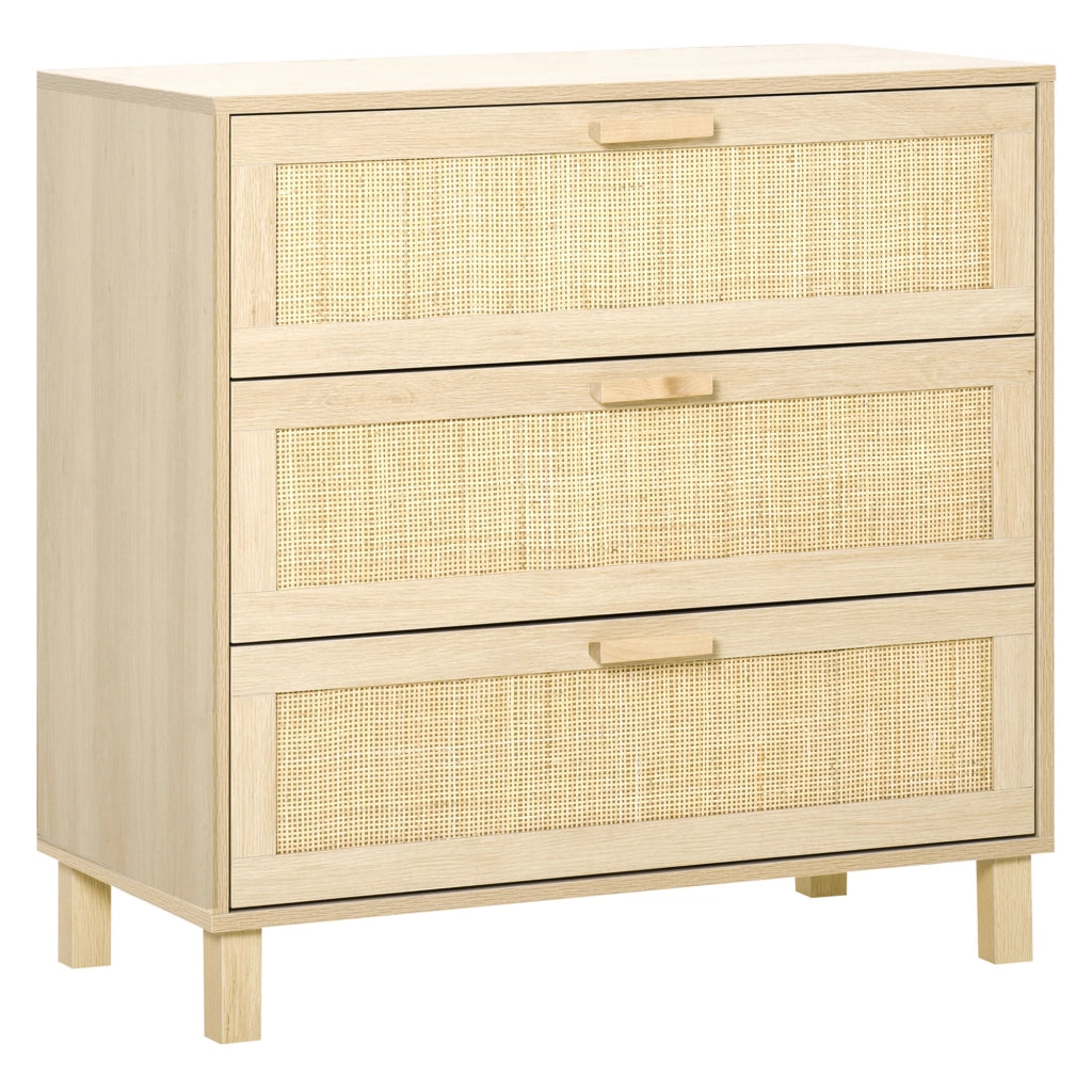Com¨° 3 Cassetti Cannage in Rattan ¨C zephmum ¨C MDF Effetto Legno Chiaro 80x40x80 cm