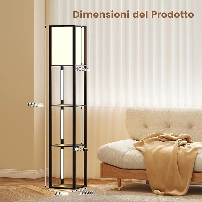 Lampada da Terra Moderna con Scaffali, Lampada a Mensola in Legno con 3 Strisce LED, Paralume, Luminosità Regolabile e Interruttore a Pedale, Scaffale Autoportante con Luce