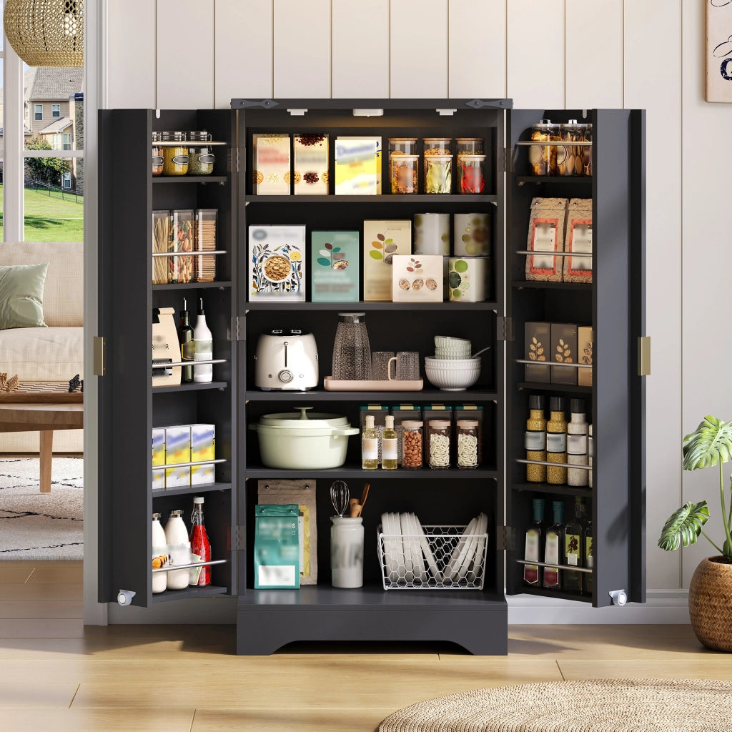 Dispensa alta con LED e ripiani regolabili con 2 ante e vani per cucina e soggiorno in MDF nero 120 × 60,5 × 40 cm