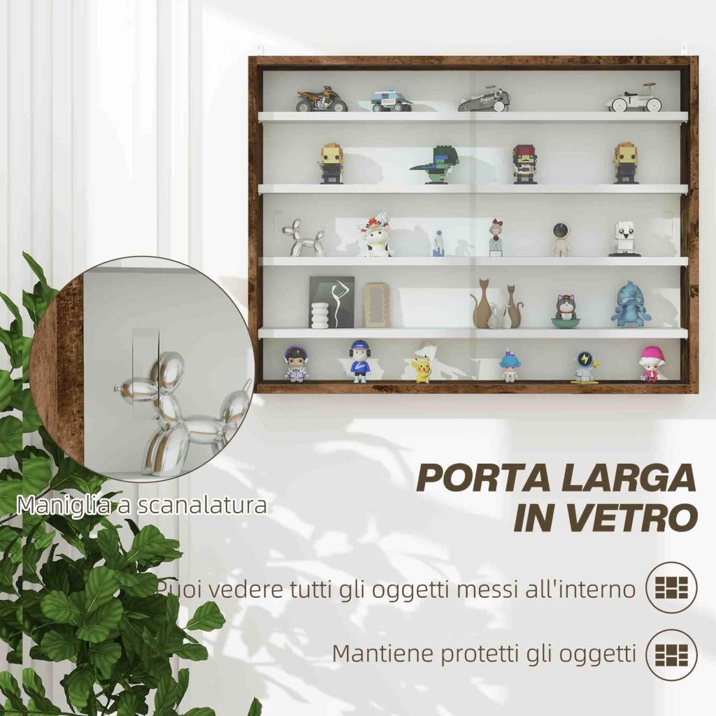 Bacheca Vetrina a Muro 4 Ripiani Regolabili 80x9,5x60 cm in Vetro e Legno Marrone