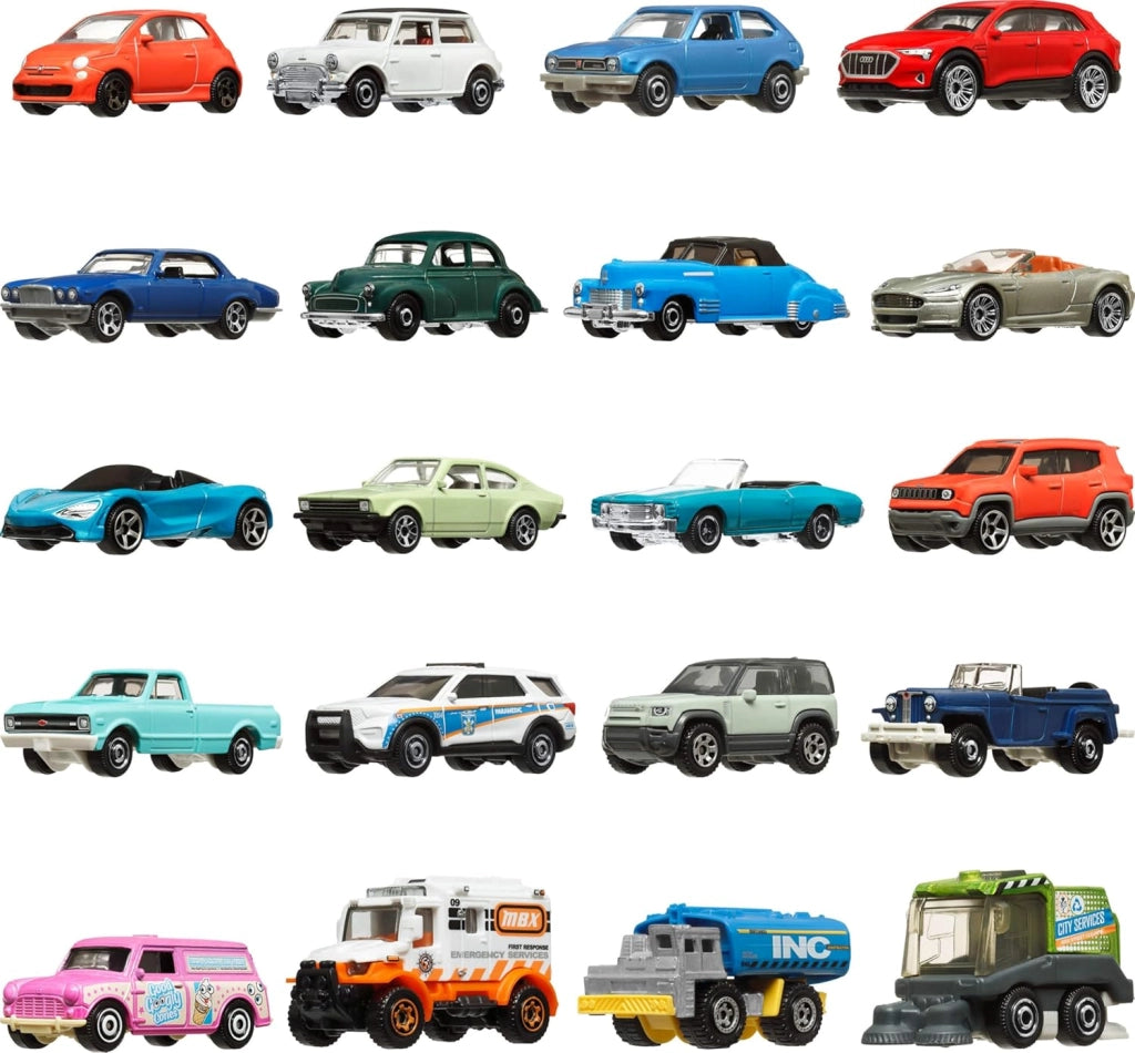 Confezione da 20 veicoli originali e ufficiali da collezione, auto e truck in metallo in scala 1:64 e poster Matchbox incluso, giocattolo per bambini, 3+ anni, FGM48