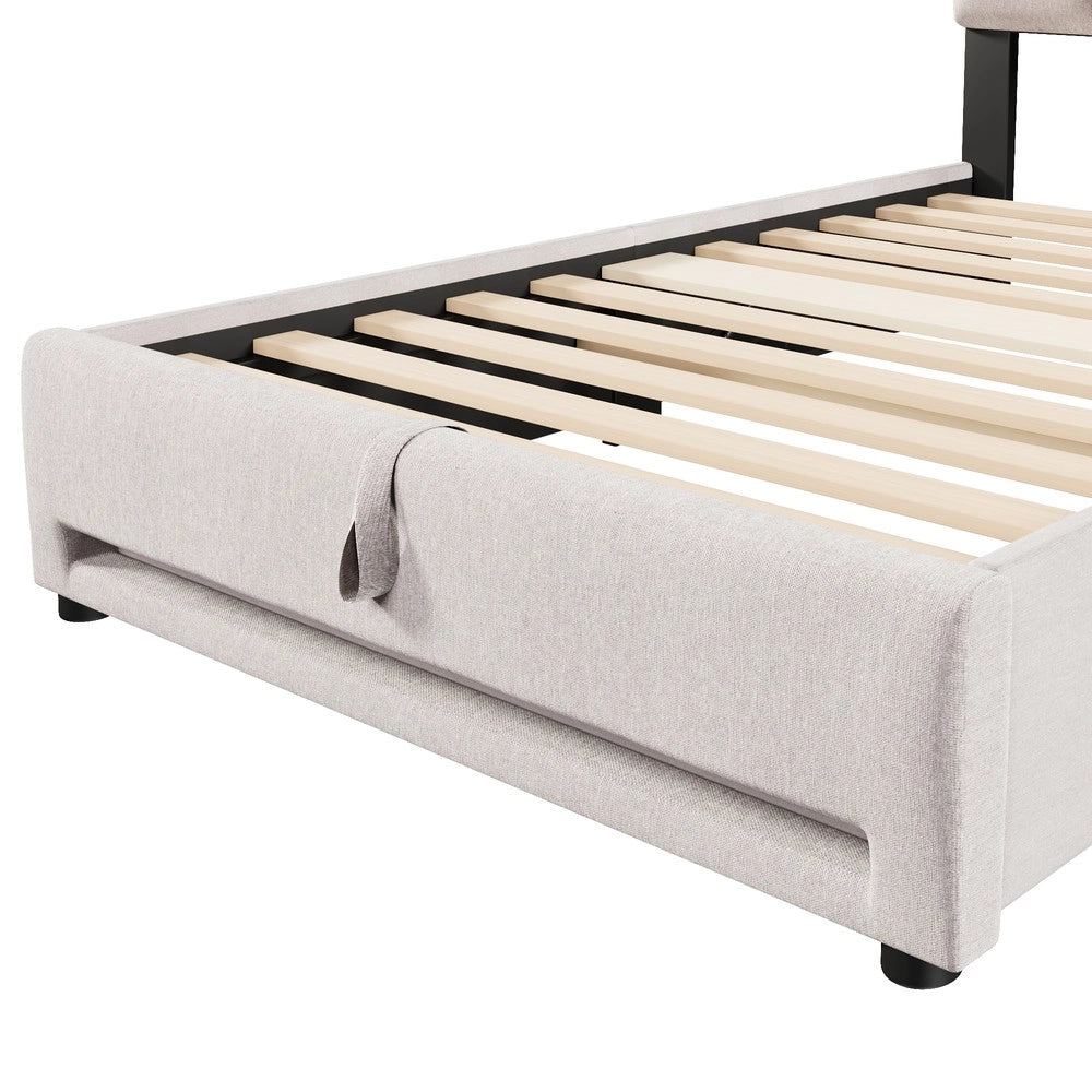 Letto Imbottito con LED e Contenitore Idraulico ¨C MINIMAL ¨C Lino Beige 90x200