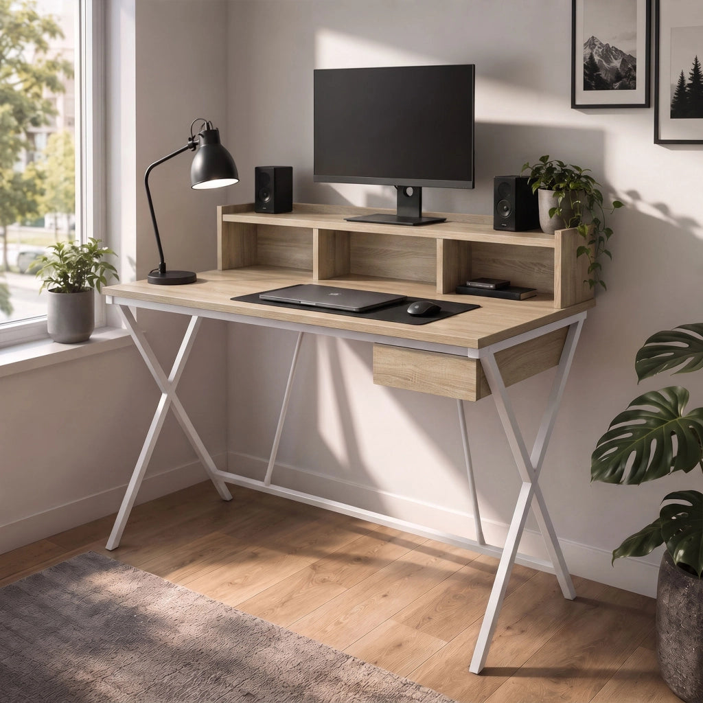 Scrivania PC industriale Rovere Sonoma FLEXO 100 cm 1 cassetto 1 ripiano gambe bianche