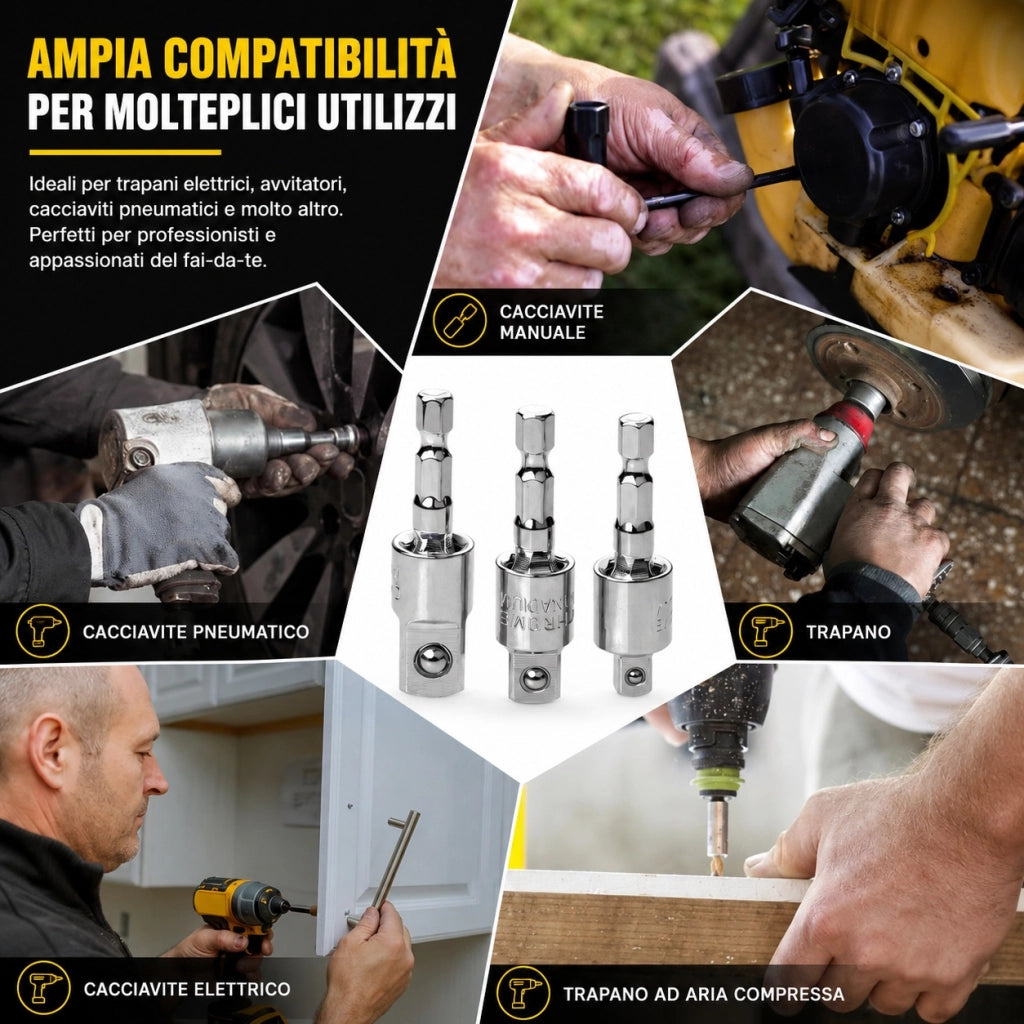 Set 3 Adattatori Per Bussola Trapano Girevoli 360° 1/4" 3/8" 1/2" Acciaio 31489