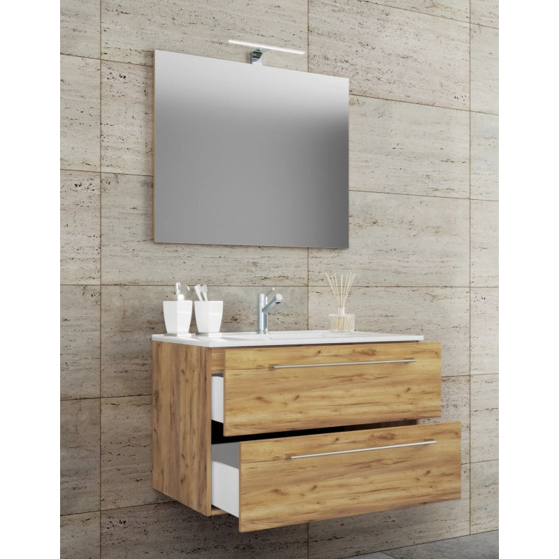 Completo di Ezooza Mobile Sospeso con 2 cassetti Extra Large con lavabo in ceramica di alta qualità e specchio, Rovere miele ,