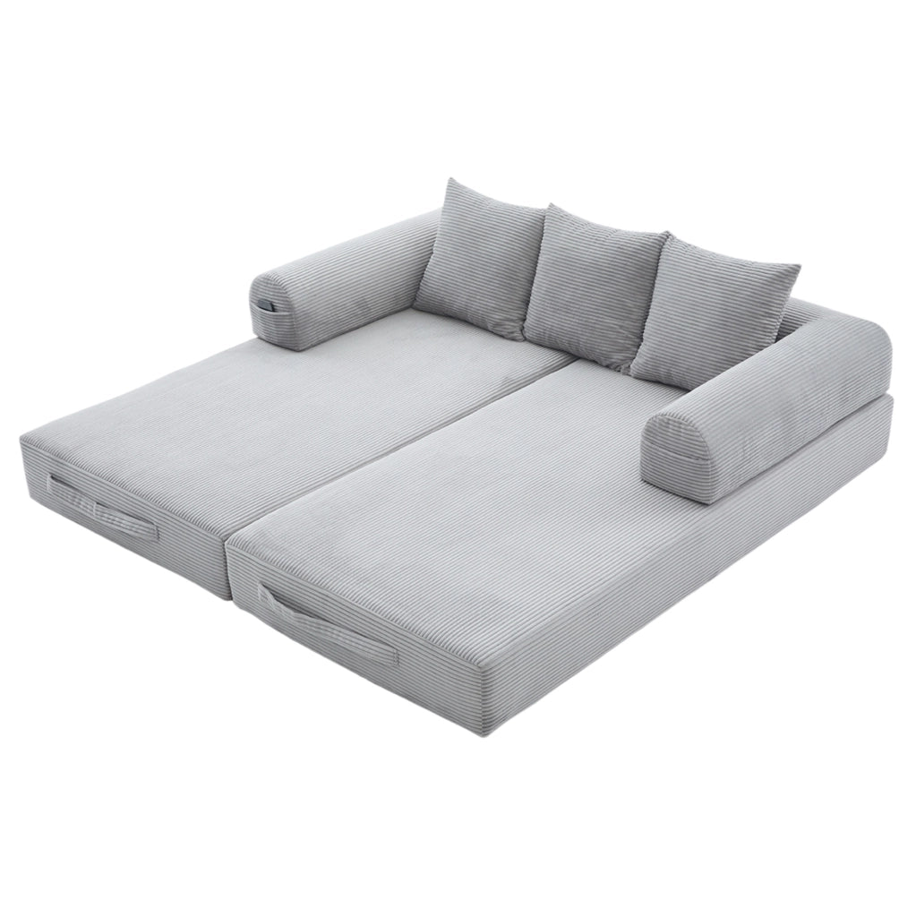 Divano modulare 200x94x67 cm con tasca laterale e 3 cuscini in velluto a coste grigio chiaro