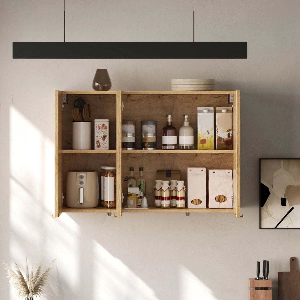 Pensile da parete a 3 ante 90 x 29 x 60 cm in MDF naturale; con maniglie dorate