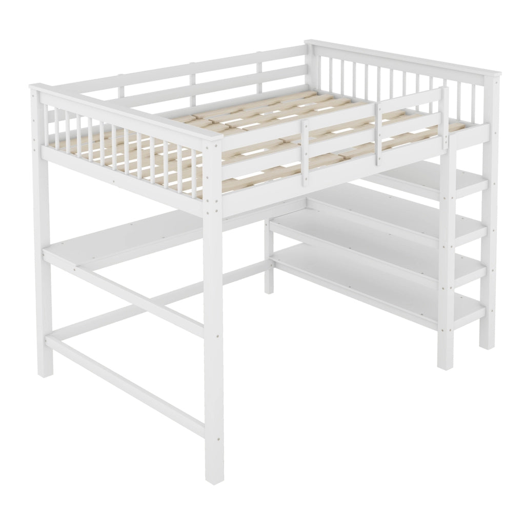 Letto a soppalco 140x200 cm con scrivania e ripiani, bianco