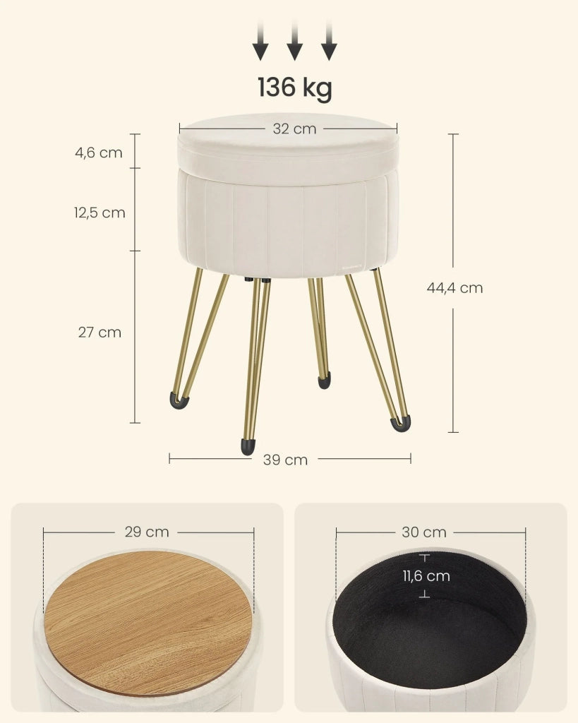 Sgabello rotondo in velluto con vano contenitore diametro 39 cm altezza 444 cm 4 gambe in metallo per cabina armadio soggiorno camera da letto bianco 12_0006167
