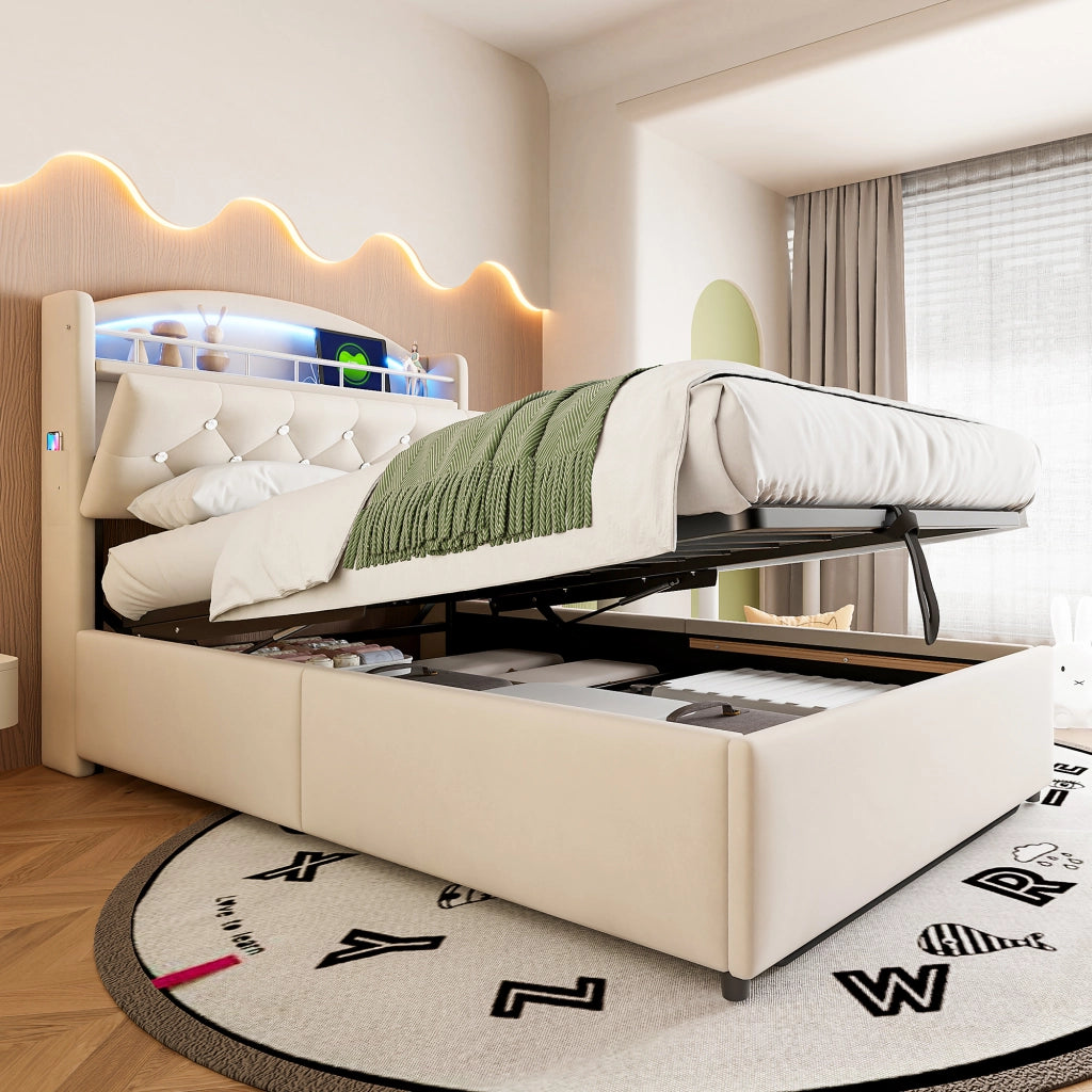 Letto per bambini singolo 90×200 cm contenitore con led; 3 usb e type-c; senza materasso; tessuto; beige