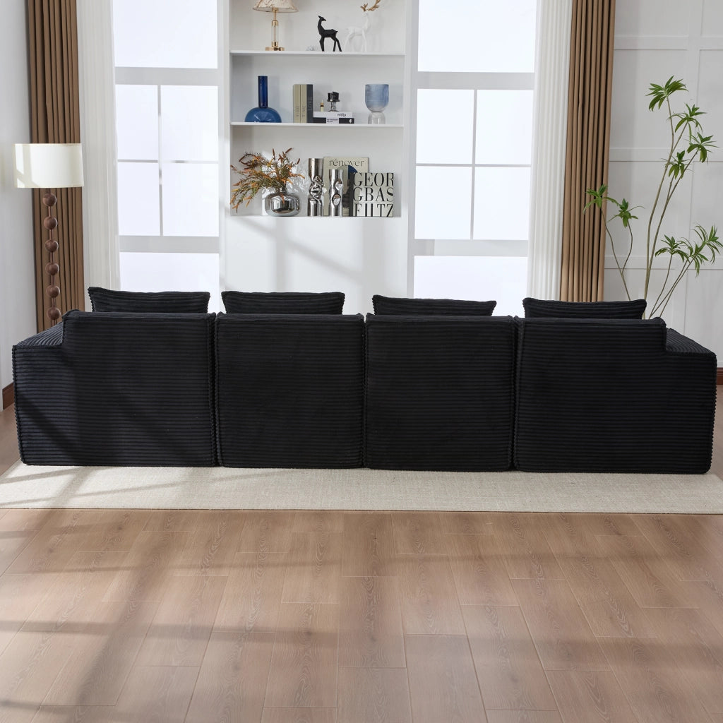 Divano modulare a 4 posti in tessuto a coste con 2 pouf, portabicchieri e tasche laterali, nero 330 × 162 × 75 cm